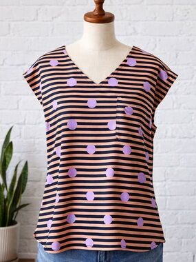 Daniel Cremieux Peach, Black & Lavender Striped Polka Dot V-Neck Cap Sleeve Top